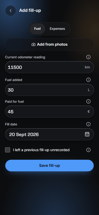 MyFuel application screen: Fill-up entry