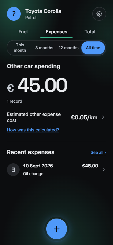 MyFuel application screen: Expenses