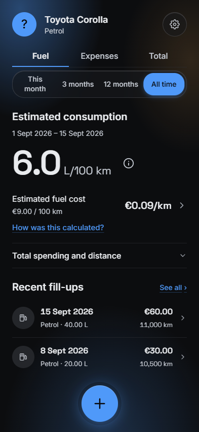 MyFuel application screen: Fuel