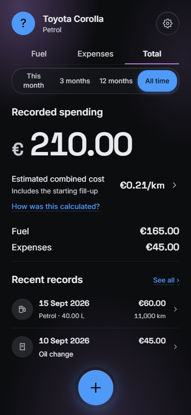 MyFuel application screen: Total