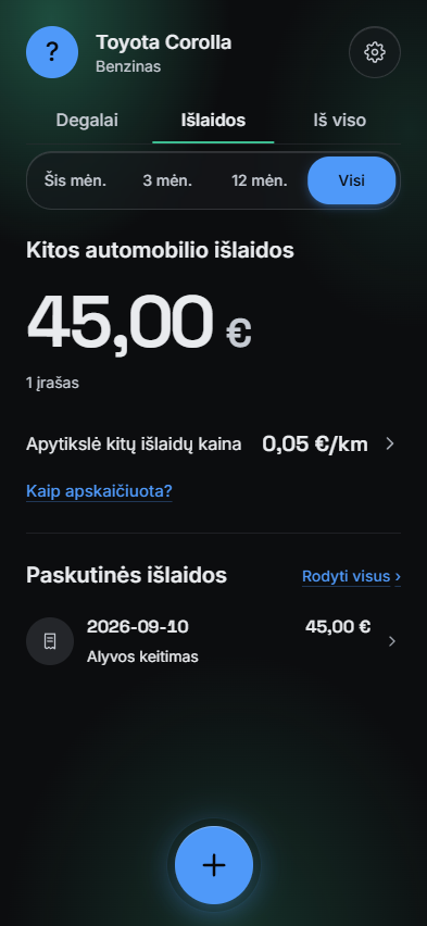 MyFuel programėlės ekranas: Išlaidos