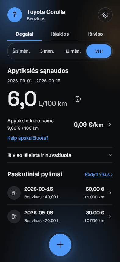 MyFuel programėlės ekranas: Degalai