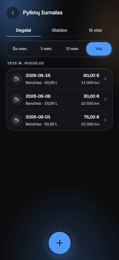 MyFuel programėlės ekranas: Žurnalas