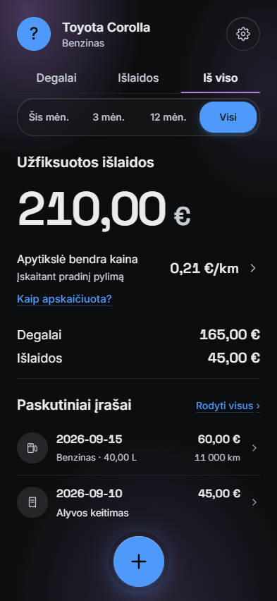 MyFuel programėlės ekranas: Iš viso